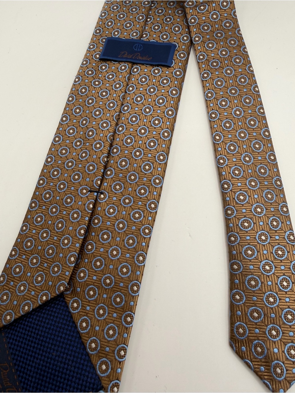 David Donahue Brown Tie with Blue Medallions